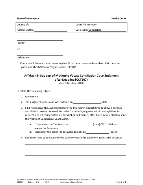 Form CCT507 Affidavit in Support of Motion to Vacate Conciliation Court Judgment After Deadline - Minnesota