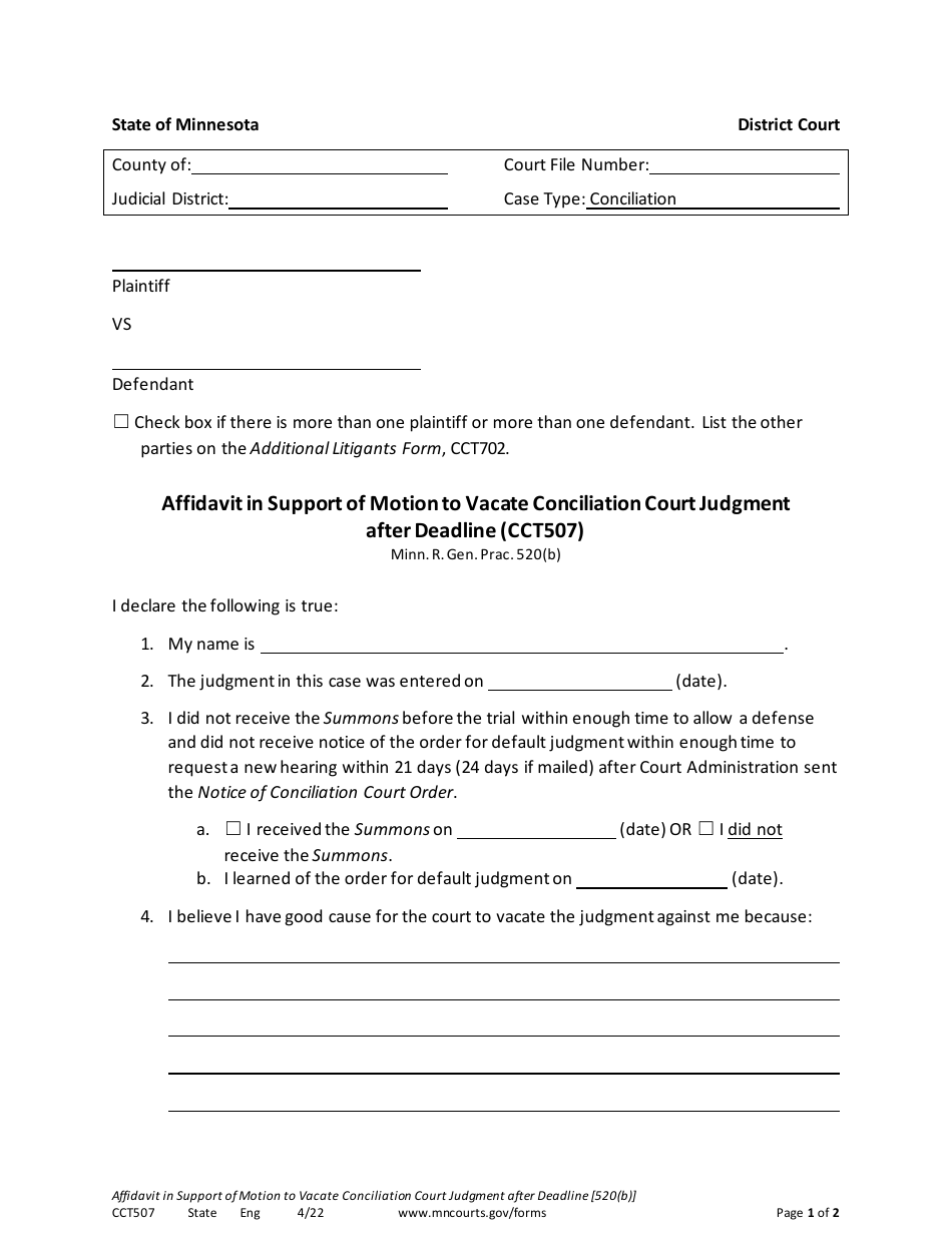 Form CCT507 Affidavit in Support of Motion to Vacate Conciliation Court Judgment After Deadline - Minnesota, Page 1