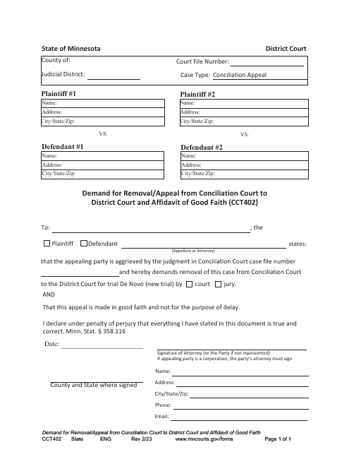 Form CCT402 Demand for Removal/Appeal From Conciliation Court to District Court and Affidavit of Good Faith - Minnesota