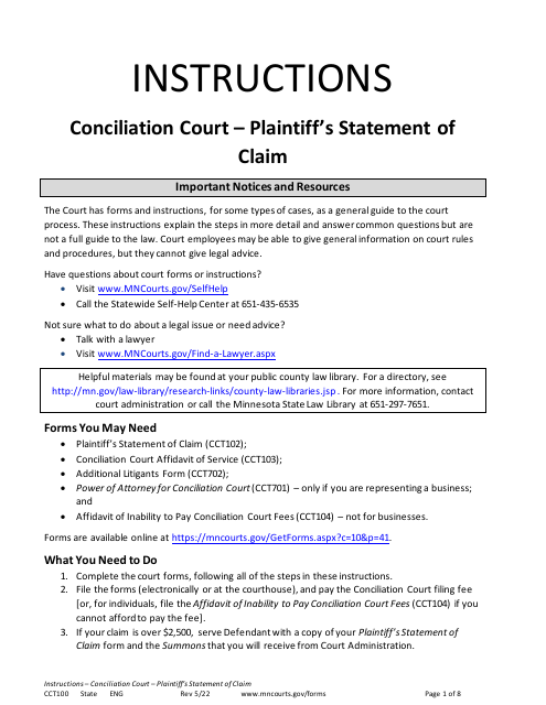 Form CCT100 Instructions - Plaintiff's Statement of Claim - Minnesota