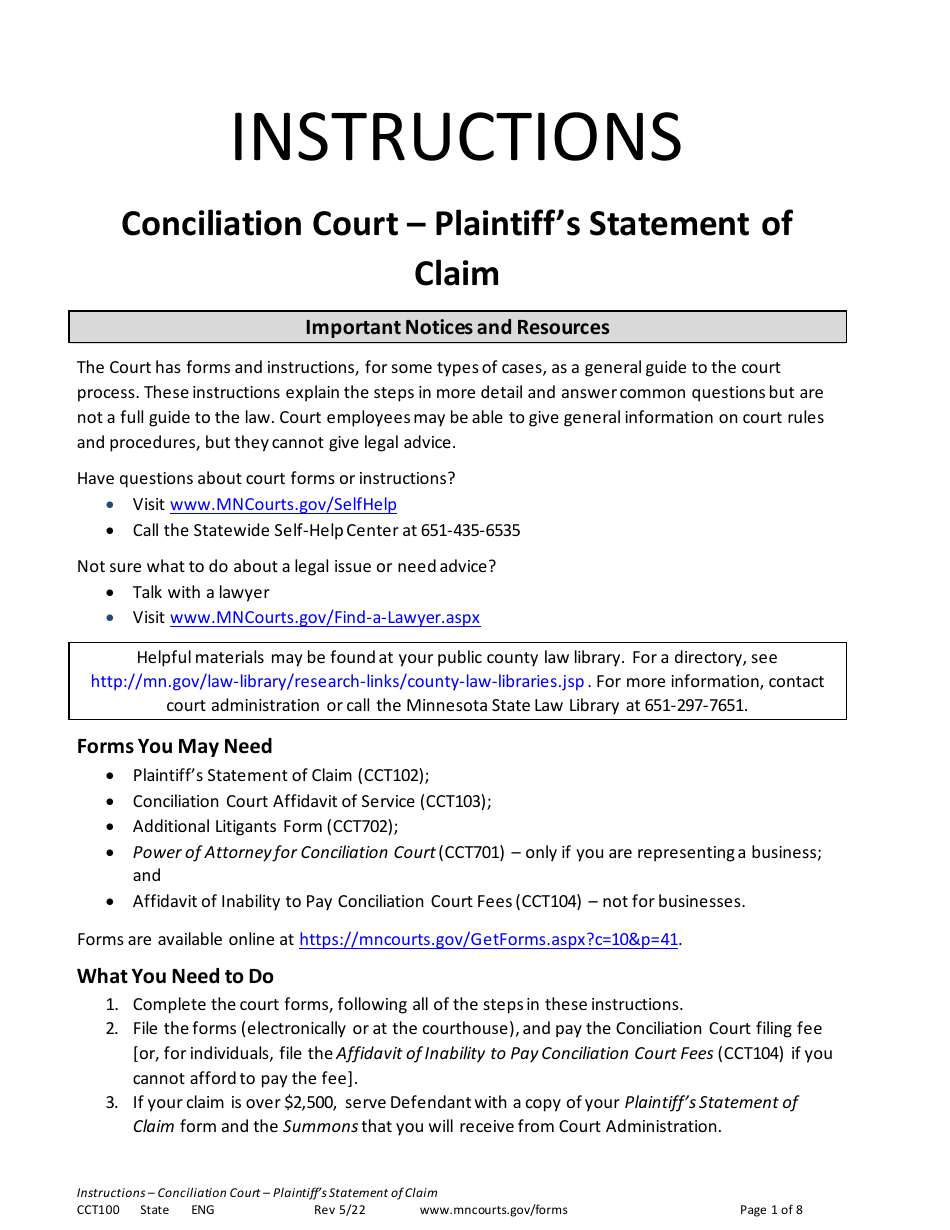 Form CCT100 Instructions - Plaintiffs Statement of Claim - Minnesota, Page 1
