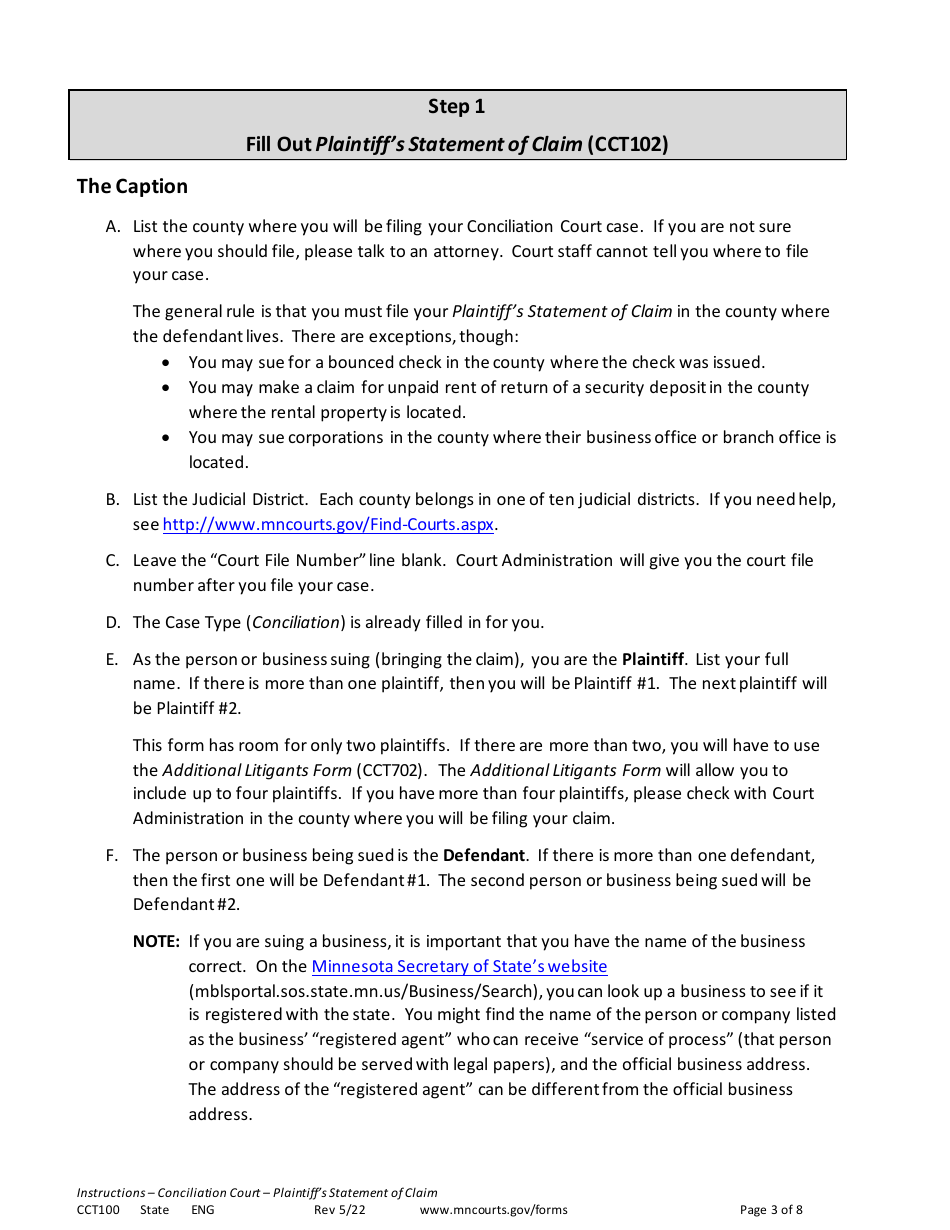 Form CCT100 Instructions - Plaintiffs Statement of Claim - Minnesota, Page 3