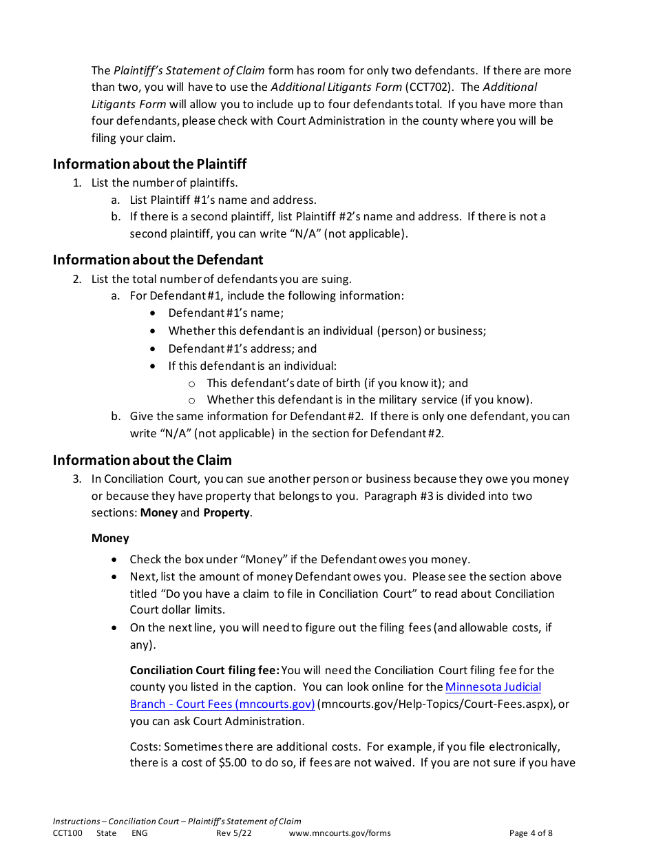 Form CCT100 Instructions - Plaintiffs Statement of Claim - Minnesota, Page 4