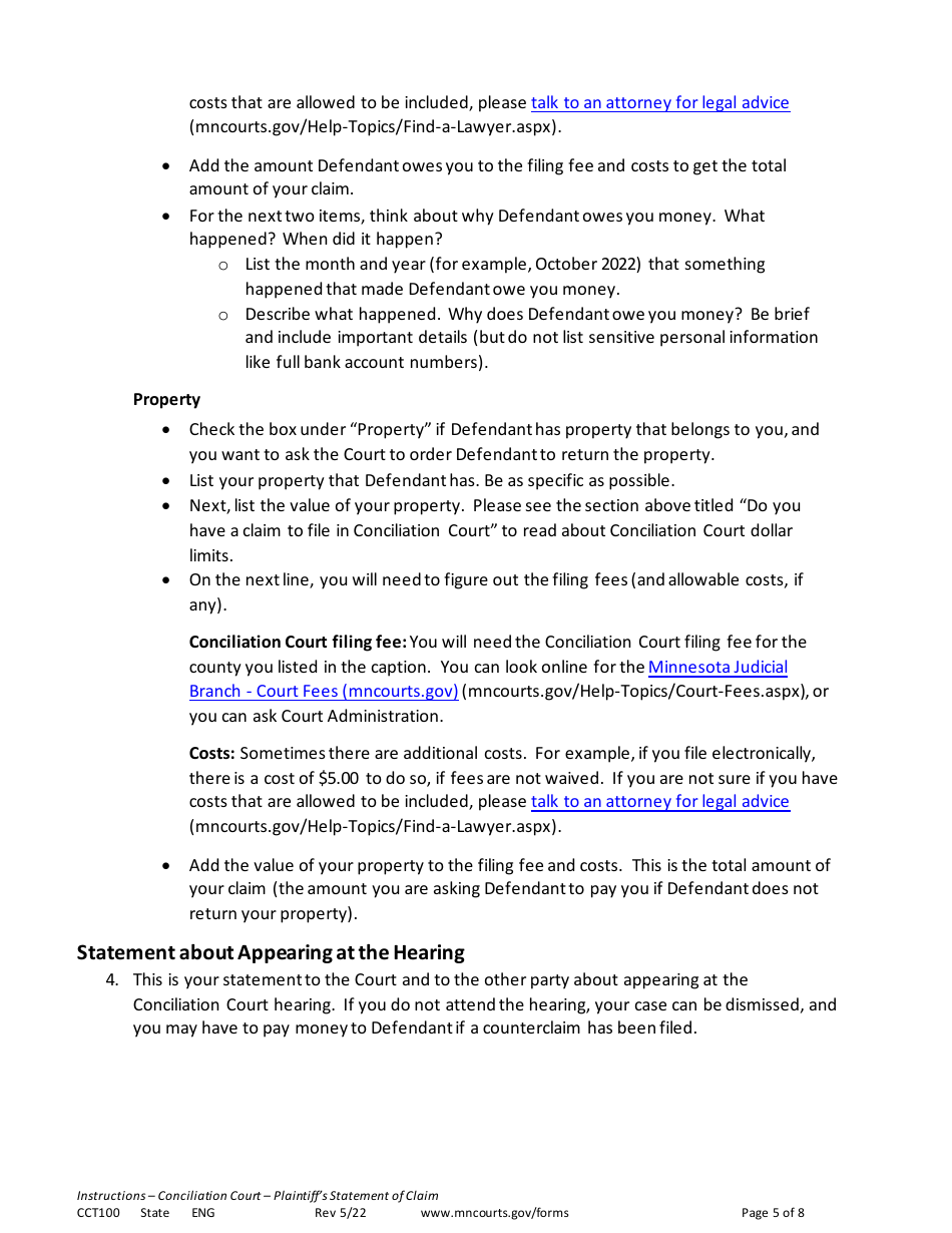 Form CCT100 Instructions - Plaintiffs Statement of Claim - Minnesota, Page 5