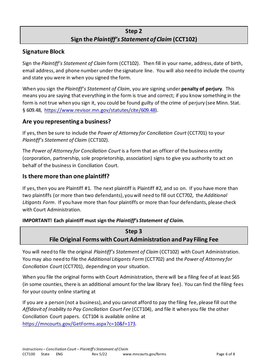 Form CCT100 Instructions - Plaintiffs Statement of Claim - Minnesota, Page 6