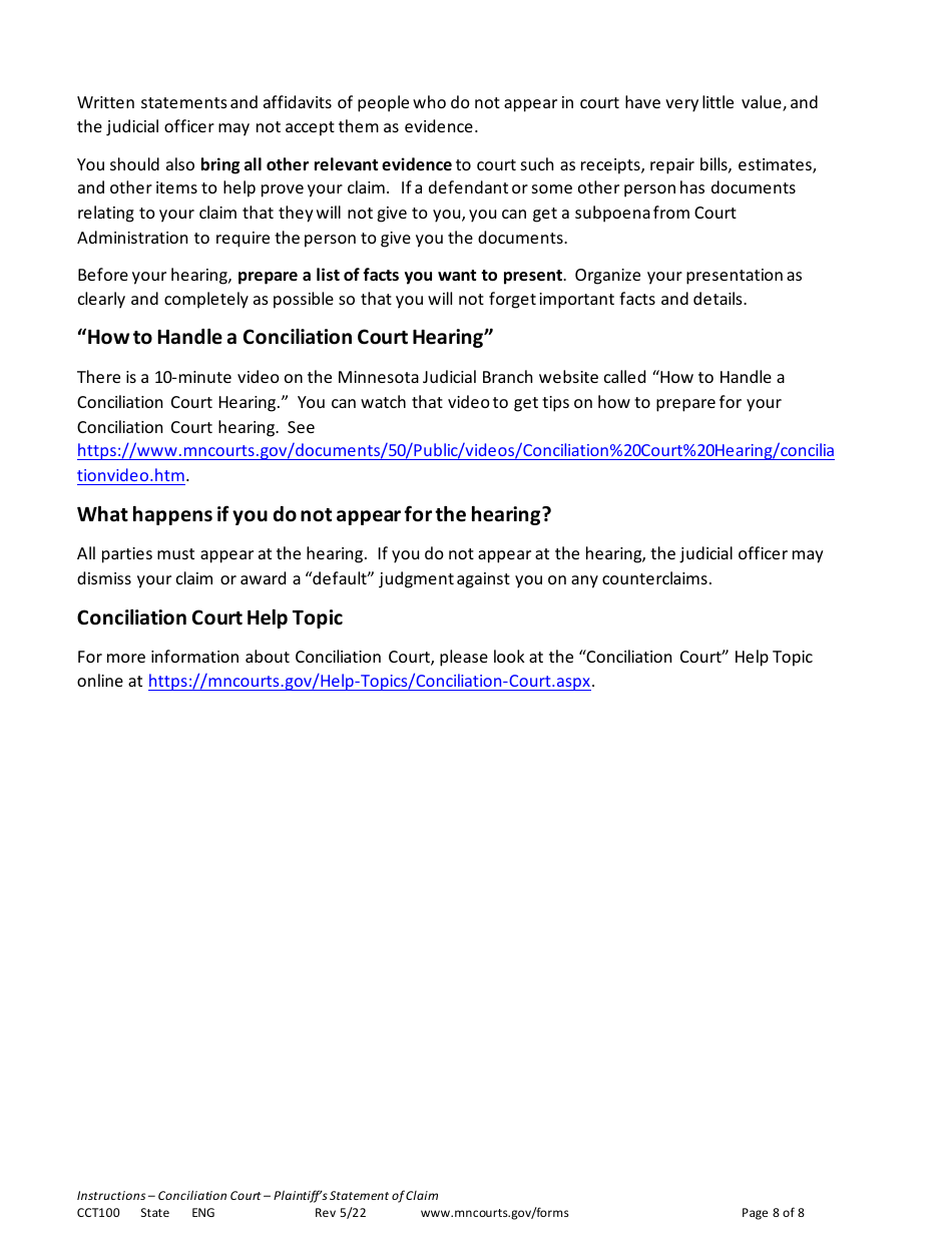 Form CCT100 Instructions - Plaintiffs Statement of Claim - Minnesota, Page 8