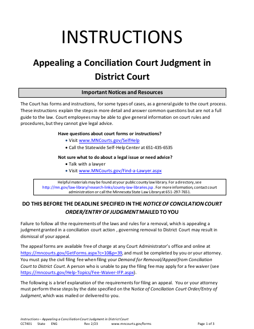 Form CCT401 Instructions - Appealing a Conciliation Court Judgment in District Court - Minnesota