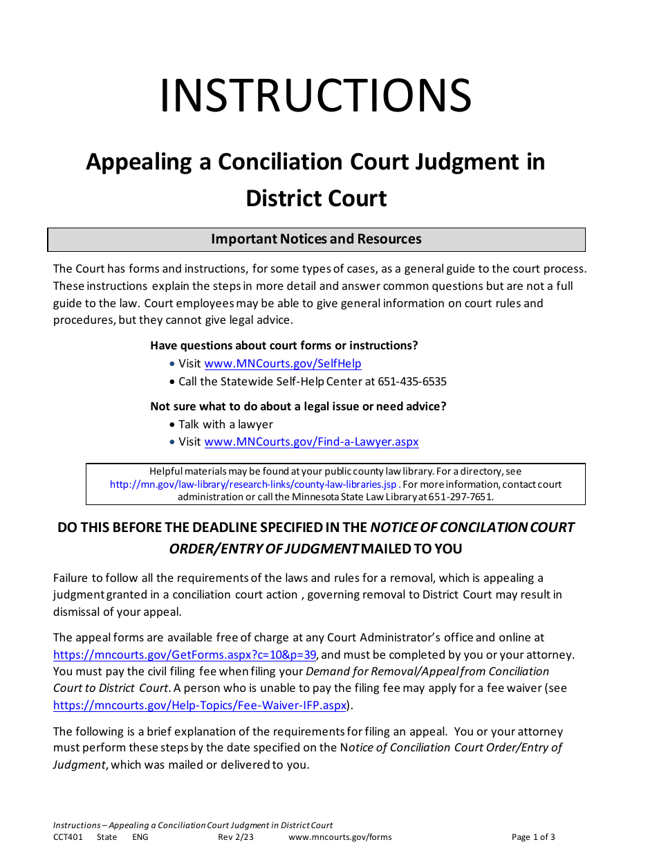 Form CCT401 Instructions - Appealing a Conciliation Court Judgment in District Court - Minnesota, Page 1