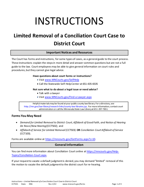 Form CCT501 Instructions - Limited Removal of a Conciliation Court Case to District Court - Minnesota