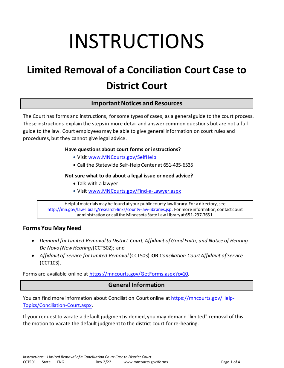 Form CCT501 Instructions - Limited Removal of a Conciliation Court Case to District Court - Minnesota, Page 1