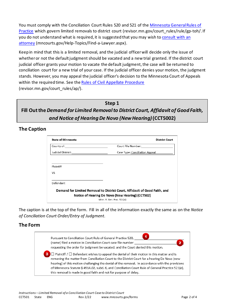 Form CCT501 Instructions - Limited Removal of a Conciliation Court Case to District Court - Minnesota, Page 2