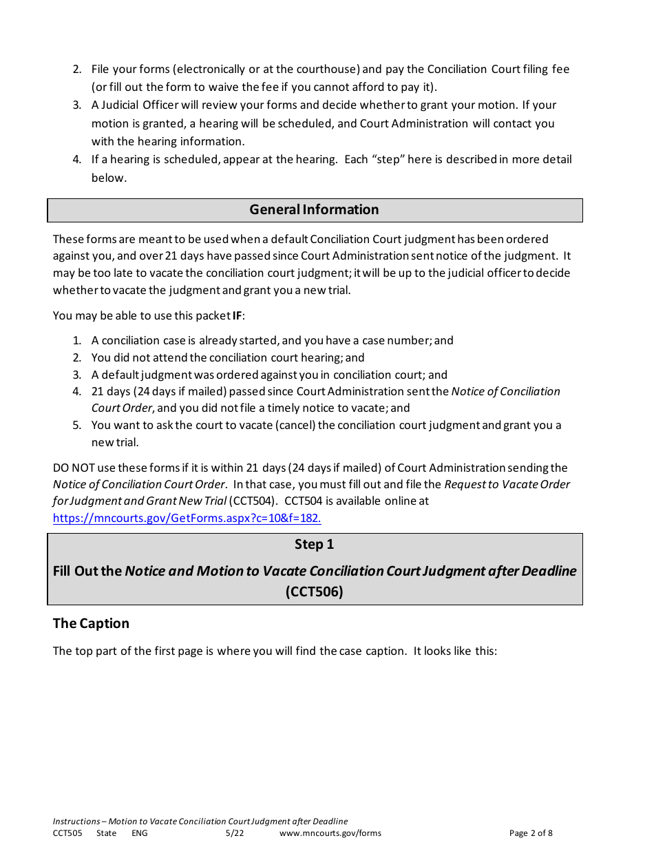 Form CCT505 Instructions - Vacate Conciliation Court Judgment After 21-day Deadline Has Passed - Minnesota, Page 2