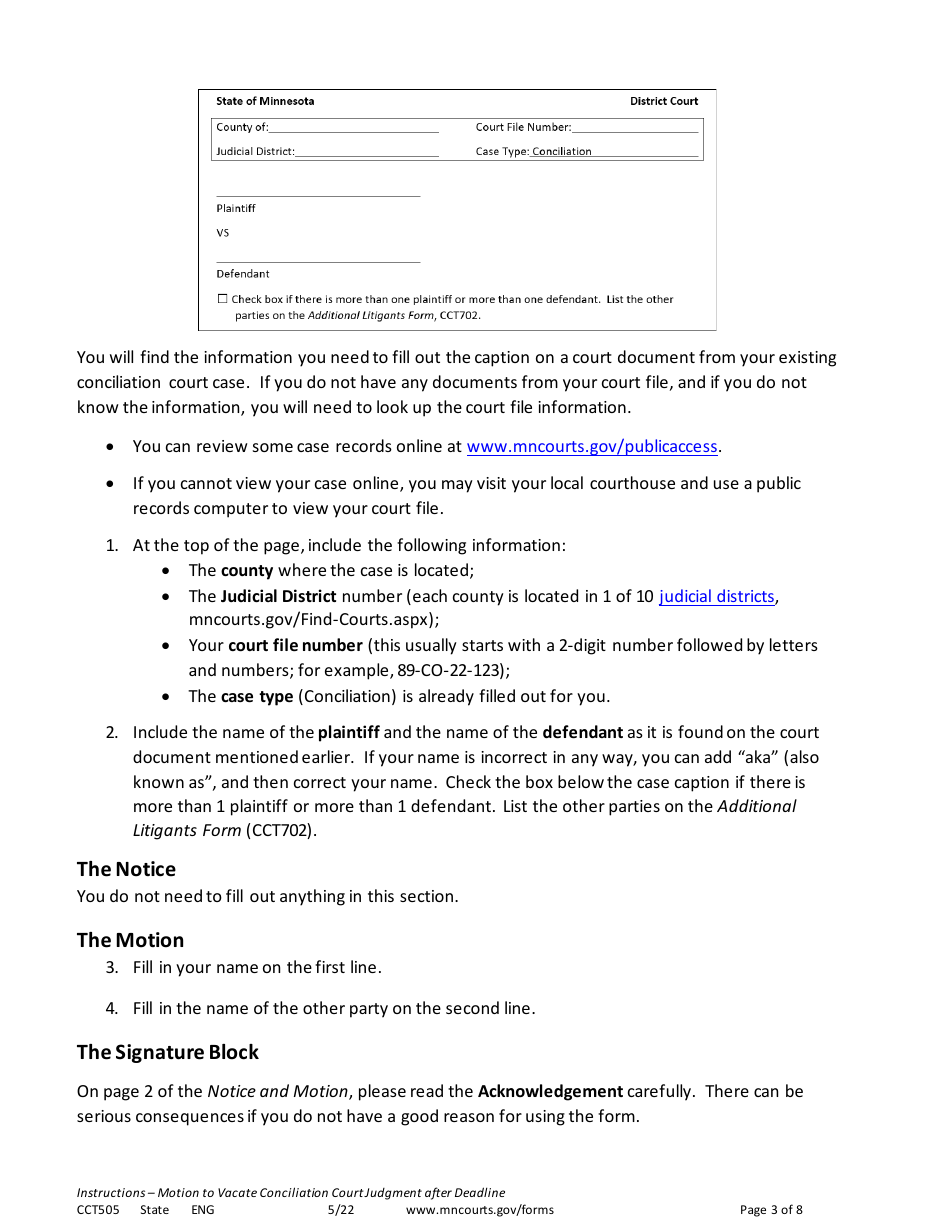 Form CCT505 Instructions - Vacate Conciliation Court Judgment After 21-day Deadline Has Passed - Minnesota, Page 3