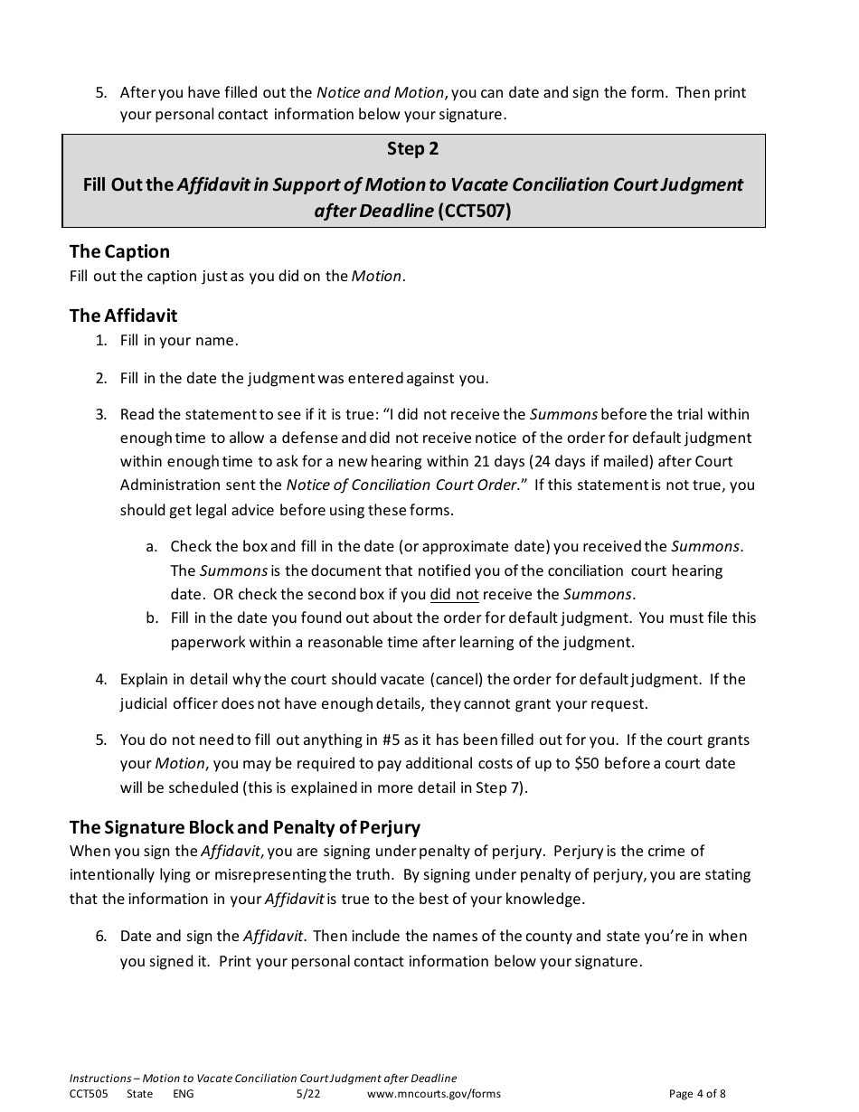 Form CCT505 Instructions - Vacate Conciliation Court Judgment After 21-day Deadline Has Passed - Minnesota, Page 4