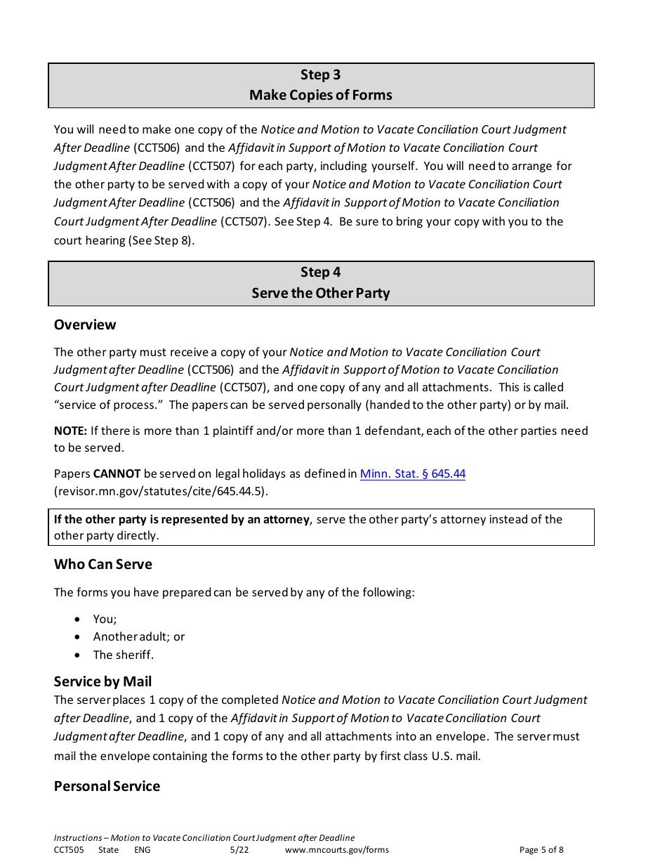 Form CCT505 Instructions - Vacate Conciliation Court Judgment After 21-day Deadline Has Passed - Minnesota, Page 5