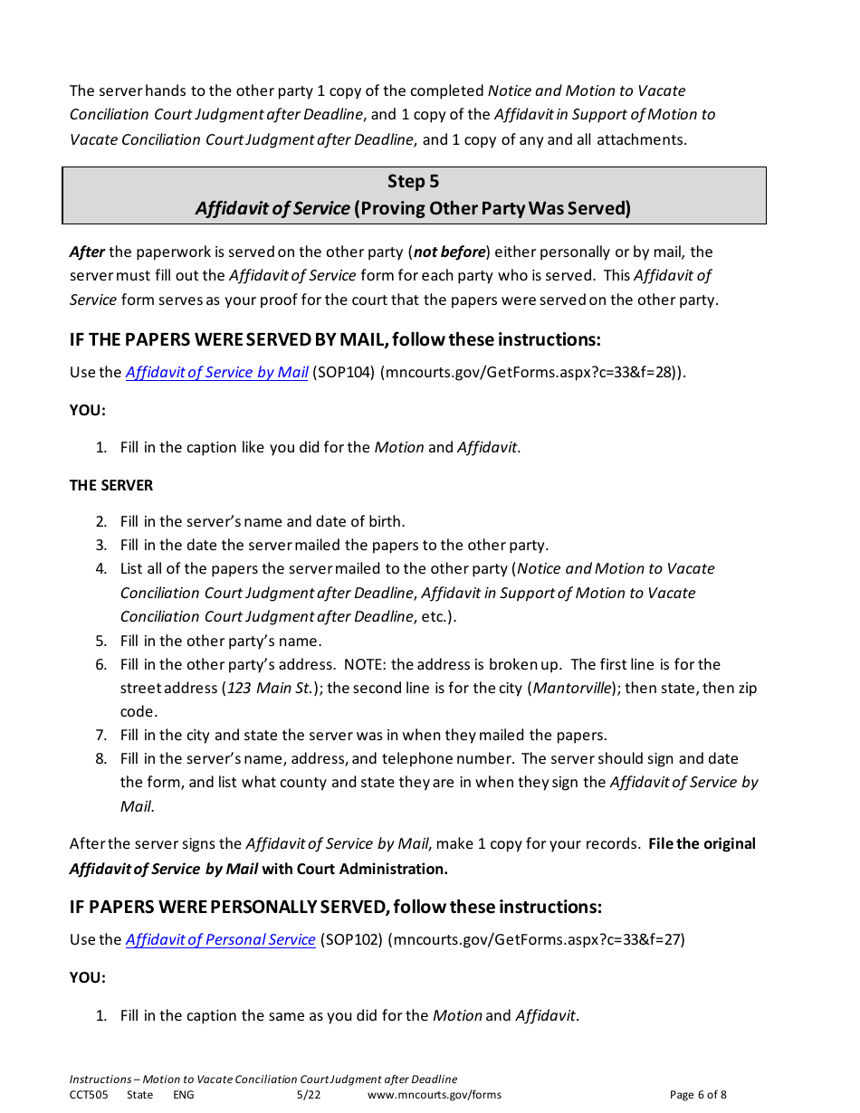 Form CCT505 Instructions - Vacate Conciliation Court Judgment After 21-day Deadline Has Passed - Minnesota, Page 6