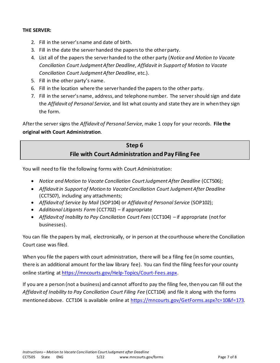 Form CCT505 Instructions - Vacate Conciliation Court Judgment After 21-day Deadline Has Passed - Minnesota, Page 7