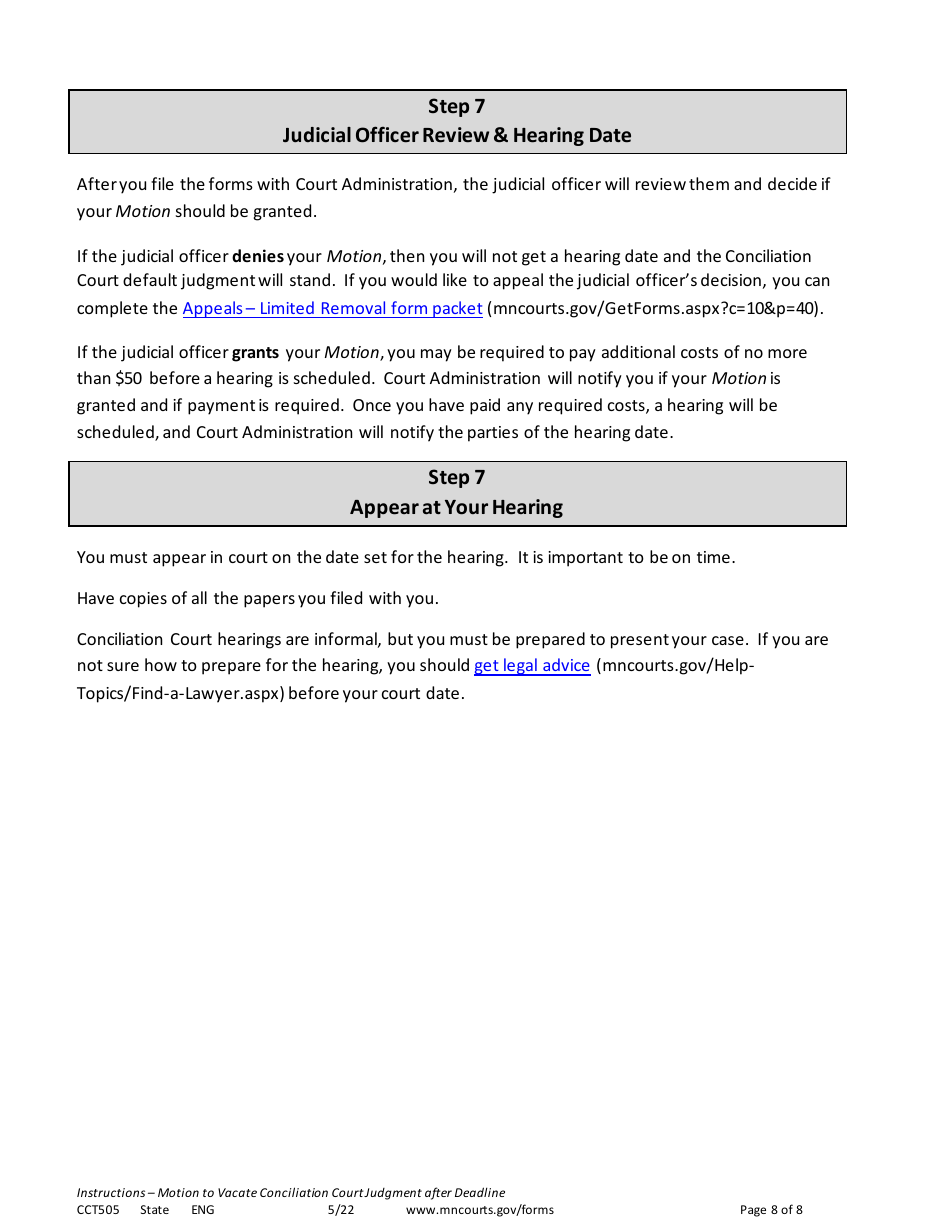 Form CCT505 Instructions - Vacate Conciliation Court Judgment After 21-day Deadline Has Passed - Minnesota, Page 8