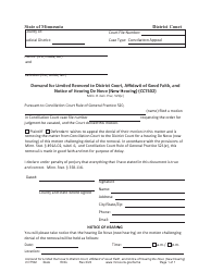 Document preview: Form CCT502 Demand for Limited Removal to District Court, Affidavit of Good Faith, and Notice of Hearing De Novo (New Hearing) - Minnesota