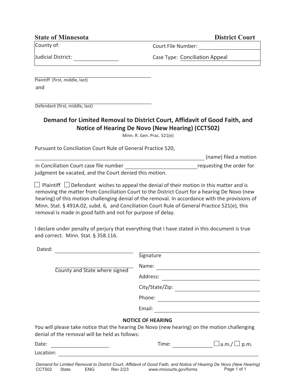 Form CCT502 Demand for Limited Removal to District Court, Affidavit of Good Faith, and Notice of Hearing De Novo (New Hearing) - Minnesota, Page 1