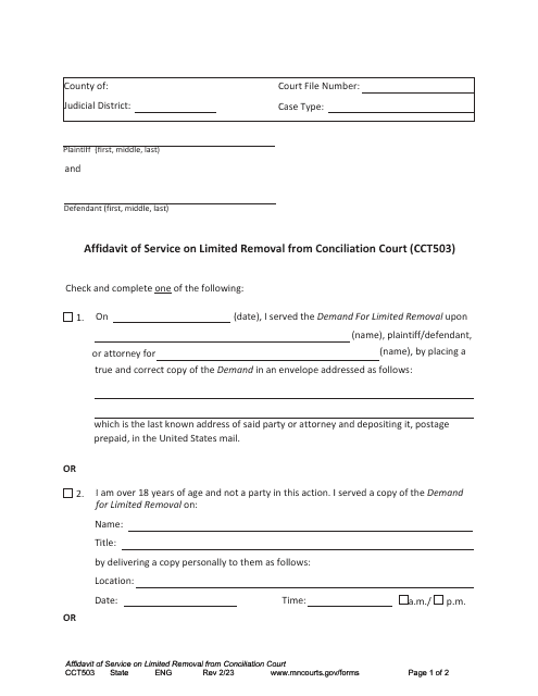 Form CCT503 Affidavit of Service on Limited Removal From Conciliation Court - Minnesota