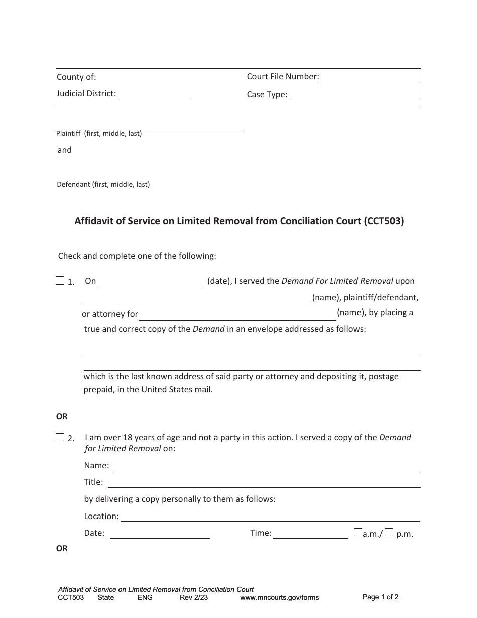 Form CCT503 Affidavit of Service on Limited Removal From Conciliation Court - Minnesota, Page 1