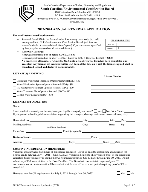 Operator Renewal Application - South Carolina, 2024