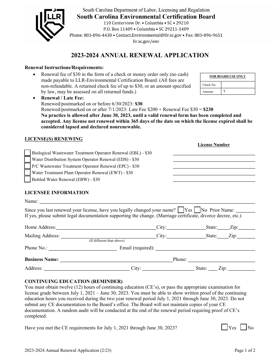 Operator Renewal Application - South Carolina, Page 1