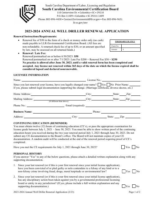 Annual Well Driller Renewal Application - South Carolina, 2024