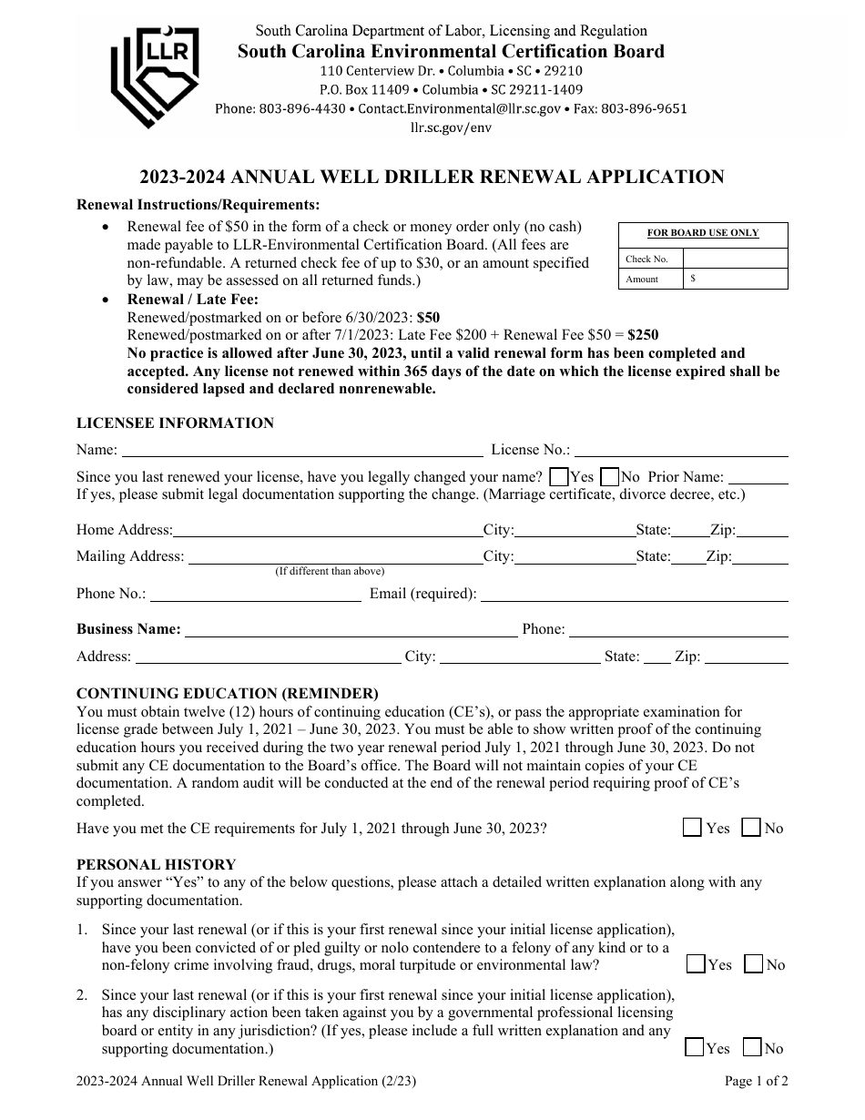 Annual Well Driller Renewal Application - South Carolina, Page 1