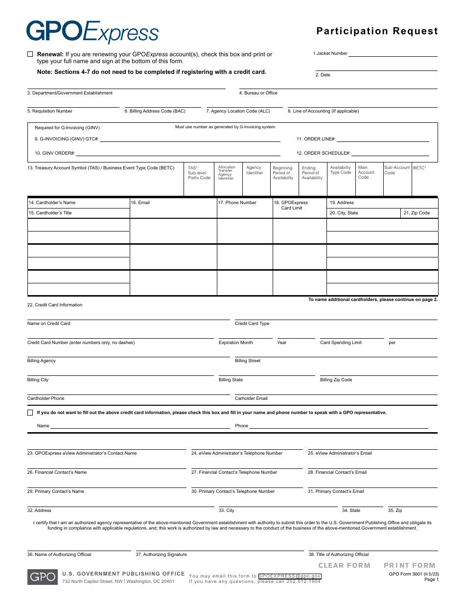 GPO Form 3001 Participation Request, Page 1