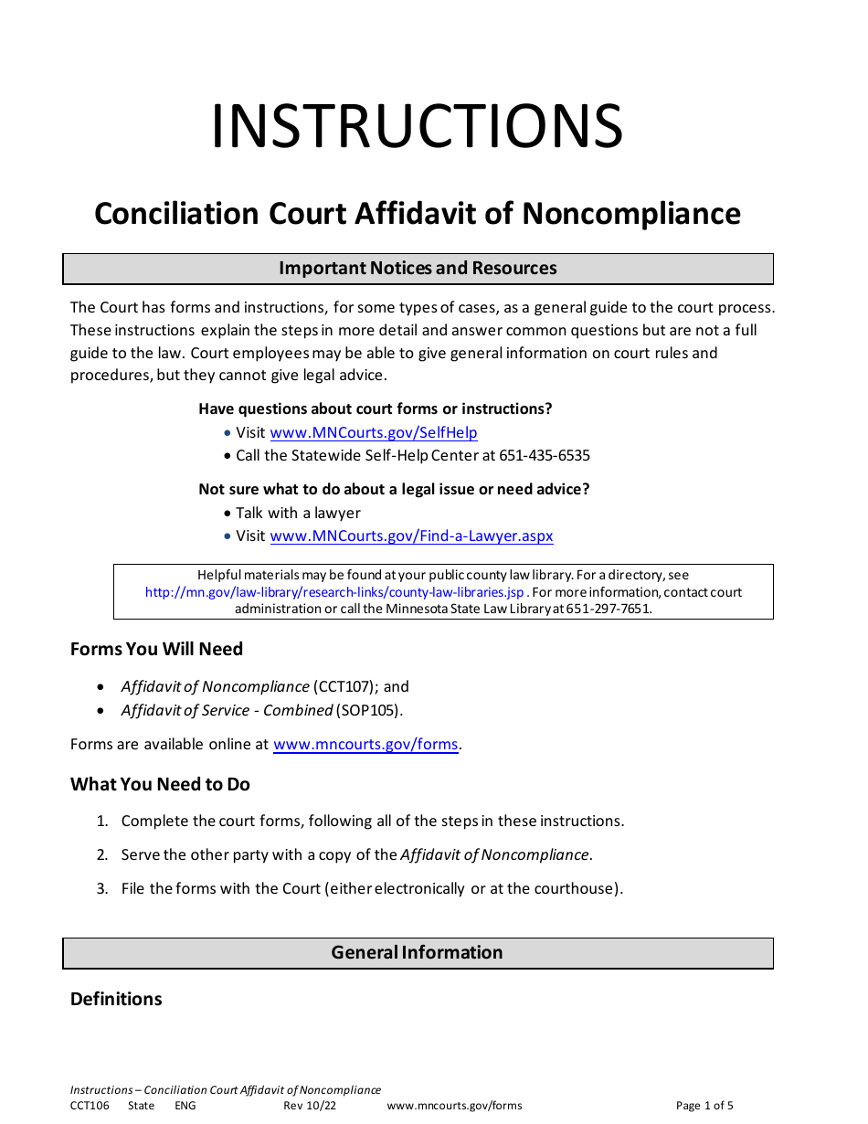 Form CCT106 Instructions - Conciliation Court Affidavit of Noncompliance - Minnesota, Page 1