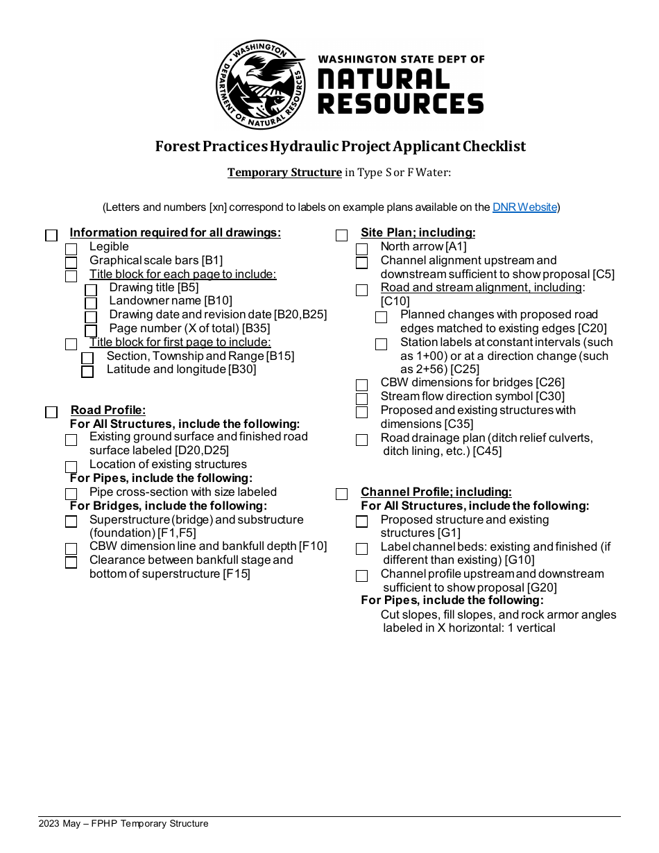 Forest Practices Hydraulic Project Applicant Checklist - Temporary Structure in Type S or F Water - Washington, Page 1
