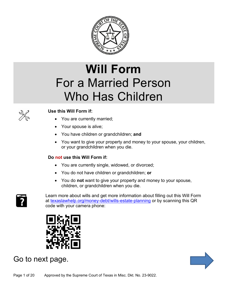 Will Form for a Married Person Who Has Children - Texas, Page 1