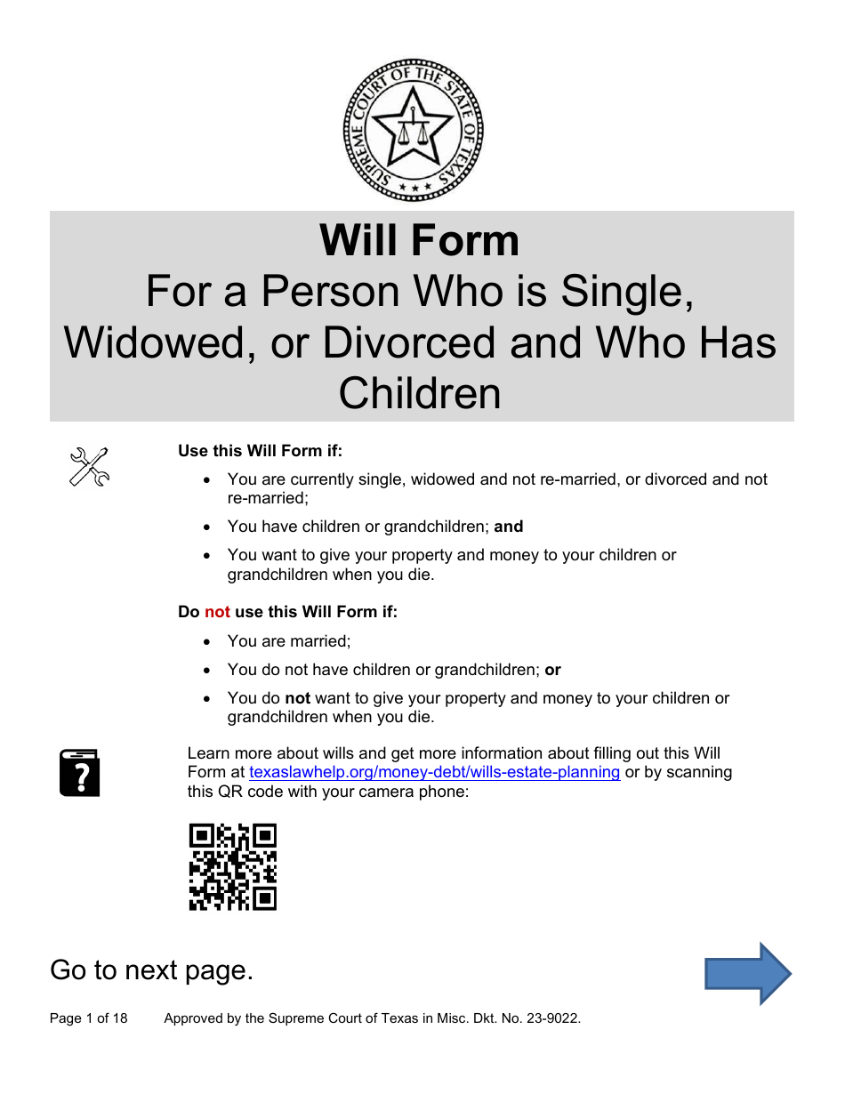Will Form for a Person Who Is Single, Widowed, or Divorced and Who Has Children - Texas, Page 1