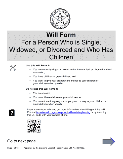 Will Form for a Person Who Is Single, Widowed, or Divorced and Who Has Children - Texas