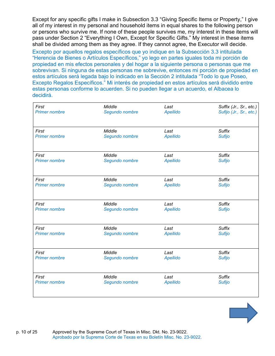 Will Form for a Person Who Is Single, Widowed, or Divorced and Does Not Have Children - Texas (English / Spanish), Page 10