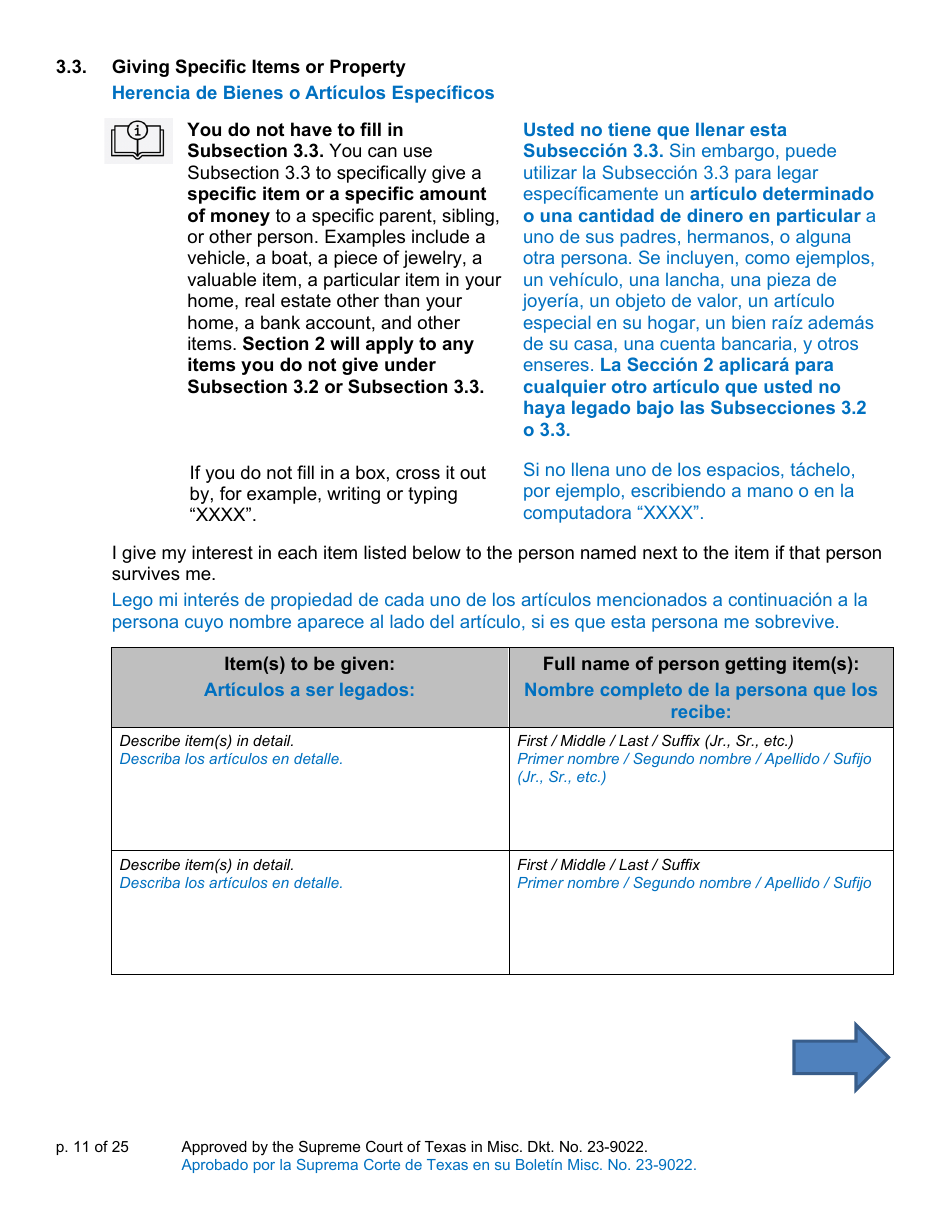Will Form for a Person Who Is Single, Widowed, or Divorced and Does Not Have Children - Texas (English / Spanish), Page 11