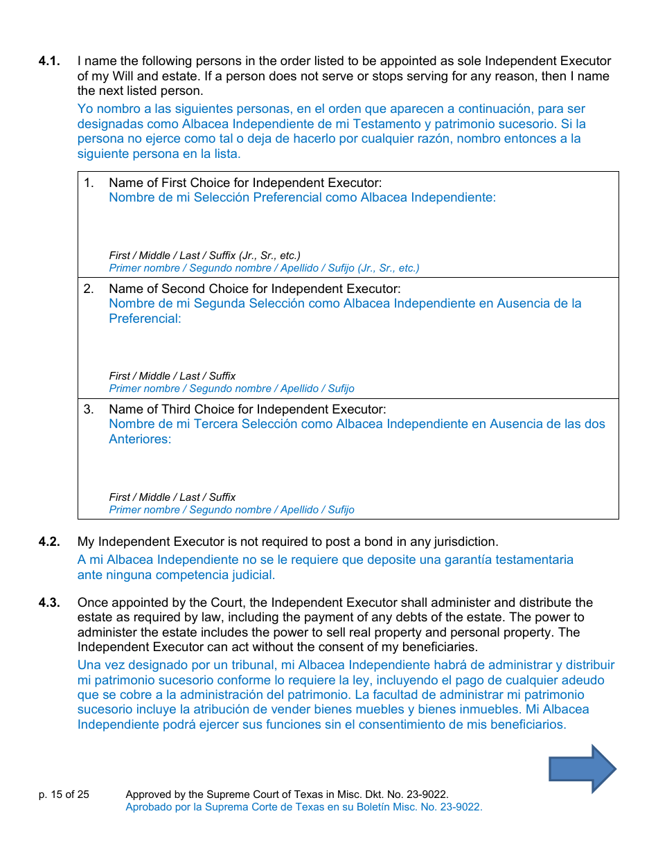 Will Form for a Person Who Is Single, Widowed, or Divorced and Does Not Have Children - Texas (English / Spanish), Page 15