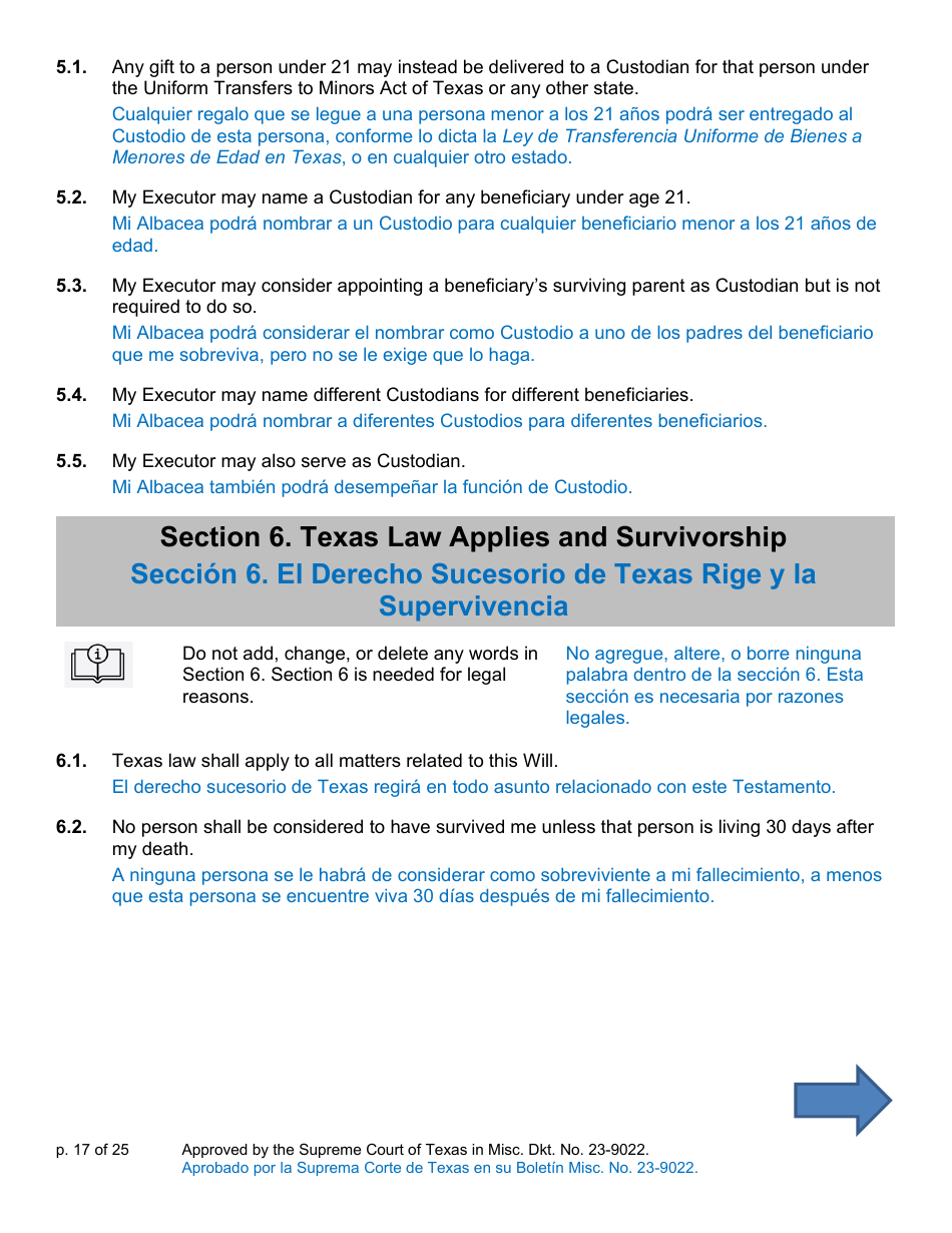 Will Form for a Person Who Is Single, Widowed, or Divorced and Does Not Have Children - Texas (English / Spanish), Page 17
