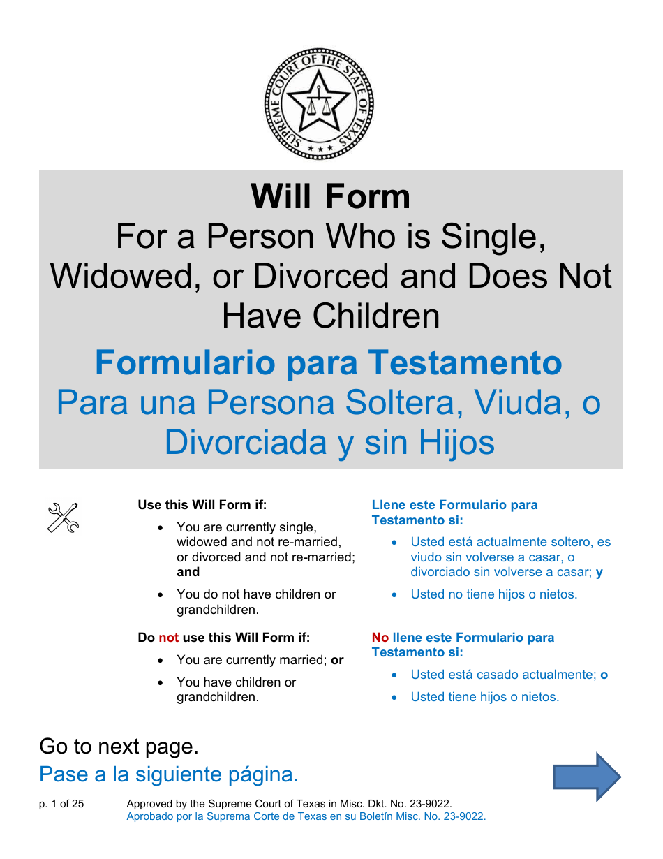 Will Form for a Person Who Is Single, Widowed, or Divorced and Does Not Have Children - Texas (English / Spanish), Page 1