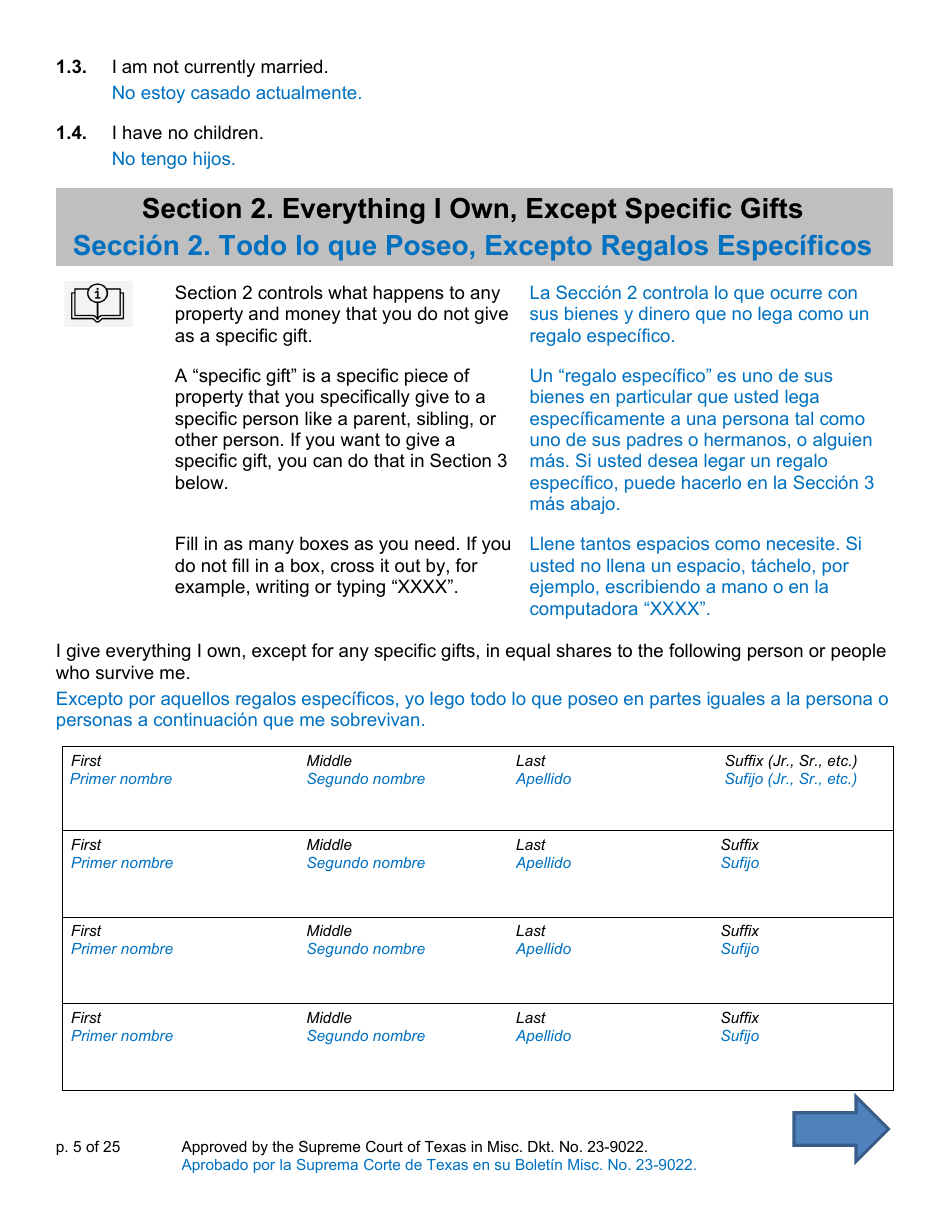 Will Form for a Person Who Is Single, Widowed, or Divorced and Does Not Have Children - Texas (English / Spanish), Page 5