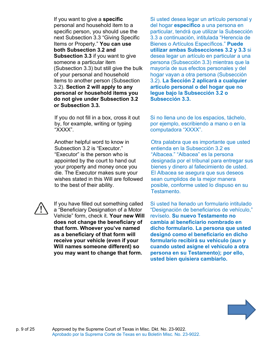 Will Form for a Person Who Is Single, Widowed, or Divorced and Does Not Have Children - Texas (English / Spanish), Page 9