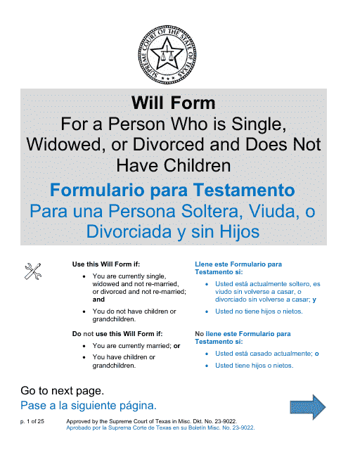 Will Form for a Person Who Is Single, Widowed, or Divorced and Does Not Have Children - Texas (English/Spanish)