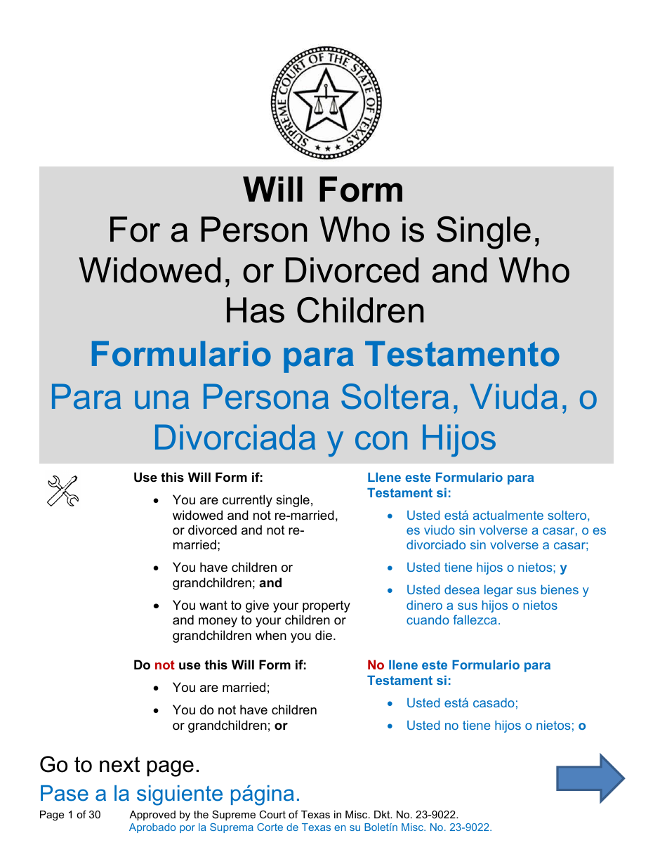 Will Form for a Person Who Is Single, Widowed, or Divorced and Who Has Children - Texas (English / Spanish), Page 1