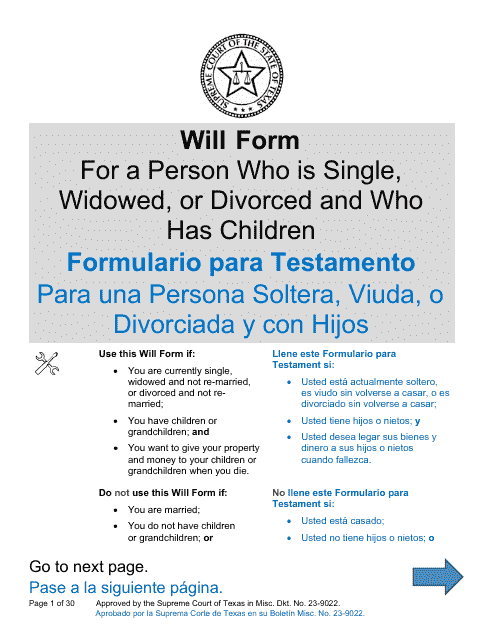 Will Form for a Person Who Is Single, Widowed, or Divorced and Who Has Children - Texas (English/Spanish)