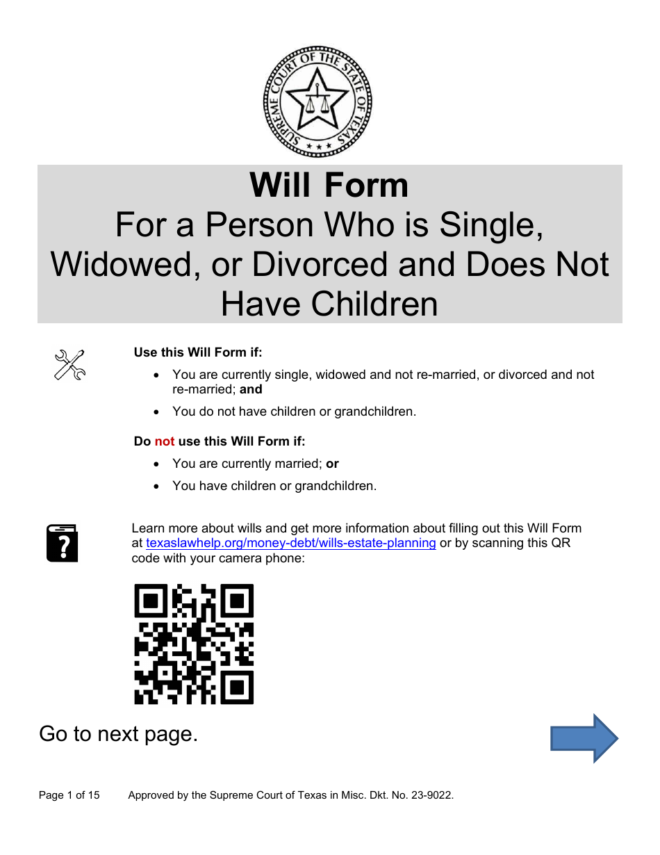 Will Form for a Person Who Is Single, Widowed, or Divorced and Does Not Have Children - Texas, Page 1