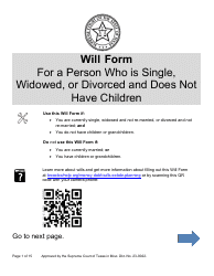 Document preview: Will Form for a Person Who Is Single, Widowed, or Divorced and Does Not Have Children - Texas