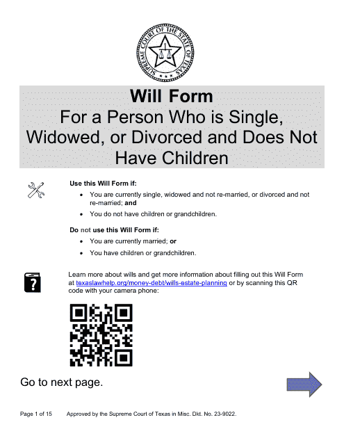 Will Form for a Person Who Is Single, Widowed, or Divorced and Does Not Have Children - Texas Download Pdf