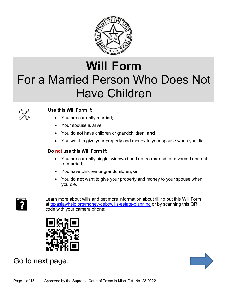 Will Form for a Married Person Who Does Not Have Children - Texas, Page 1